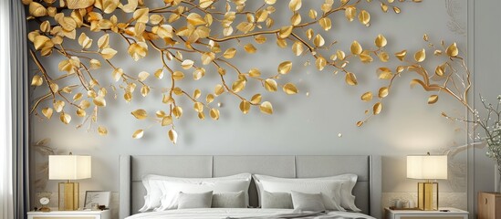 wallpaper with golden tree branches and leaves as bedroom decor.