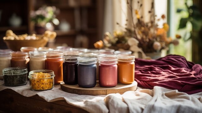 Crafting scene with homemade natural dyes in various colors for fabric