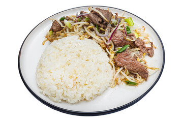 Vietnamese cuisine and food white rice with fried beef on a plate on a white isolated background