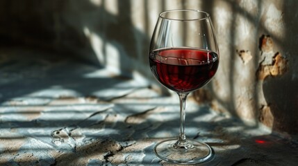  a glass of red wine sitting on top of a table next to a shadow of a person's shadow on the wall behind the glass is a shadow of the wine glass.