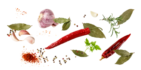 Aroma spice card: dried red hot chilli peppers, cloves garlic, mix peppercorn, bay leaves, rosemary and parsley fresh herb.