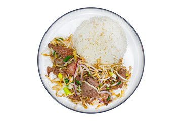 Vietnamese cuisine and food white rice with fried beef on a plate on a white isolated background