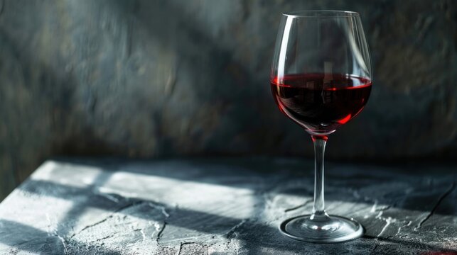  a glass of red wine sitting on top of a table next to a stone wall with a shadow of the wine glass on top of the table and a shadow of the glass.