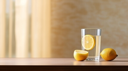 Warm water with a slice of lemon on kithen table at morning light. Healty drink.  - obrazy, fototapety, plakaty
