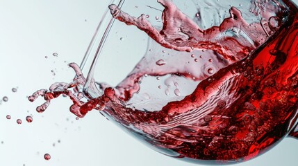  a glass of red wine with a splash of water on the top of it and a red wine glass on the bottom of the glass, with a white background.