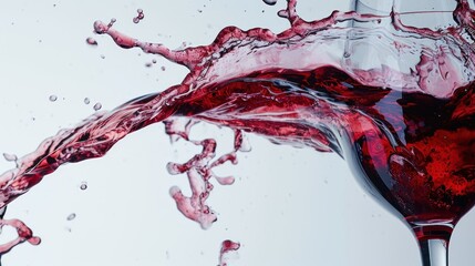  a close up of a wine glass with a liquid splashing out of the top and bottom of the glass on the bottom of the glass, with a white background.