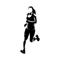 Running woman, isolated vector silhouette, front view
