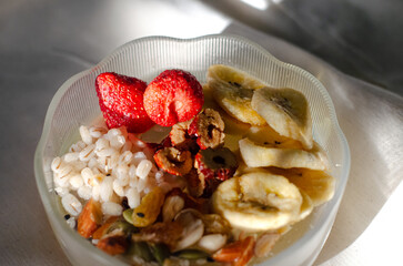 Strawberry breakfast Sin full of bowl. Cereal yogurt and crispy fruit