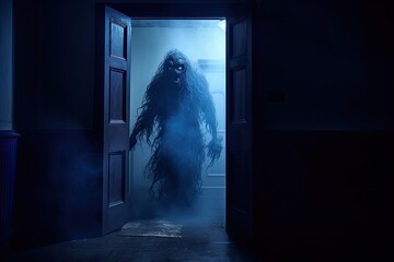 Silhouette of horror ghost inside dark room with fog and light - obrazy, fototapety, plakaty