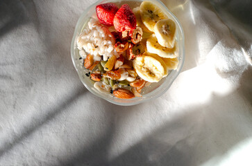 Strawberry breakfast Sin full of bowl. Cereal yogurt and crispy fruit