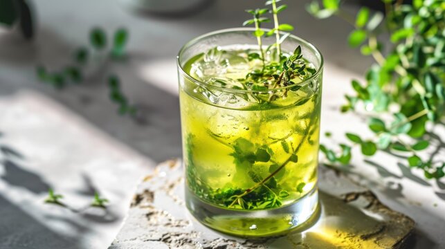  a close up of a drink in a glass with a sprig of grass in the middle of the glass and a plant in the middle of the glass.