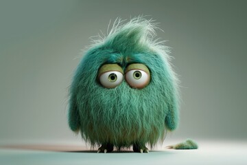 Fototapeta premium Cute sage or green furry monster 3D cartoon character