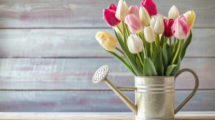 A vintage watering can overflowing with pink and white tulips against a neutral background, suggesting springtime and growth