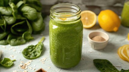 A glass mason jar filled with green smoothie is accompanied by fresh spinach leaves, banana, kiwi, and ginger on a gray surface against a light background