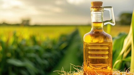 A bottle of corn oil placed amidst cornfields, with an ear of corn, highlighting the agricultural source of the product. - obrazy, fototapety, plakaty