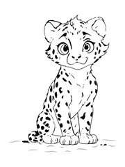 Fototapeta na wymiar Cheetah Cartoon Outline Black and White Coloring Book Vector Illustration