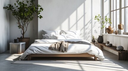  a bed with white sheets and pillows in a room with a potted plant on the side of the bed and a potted plant on the other side of the bed.
