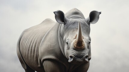  a close up of a rhino's face with a cloudy sky in the backgrounnd of the image, it appears to be a rhinocering rhino.