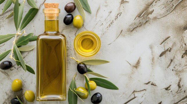 Bottle of olive oil with fresh olives and olive branches on a marble surface, evoking a Mediterranean feeling, space for text