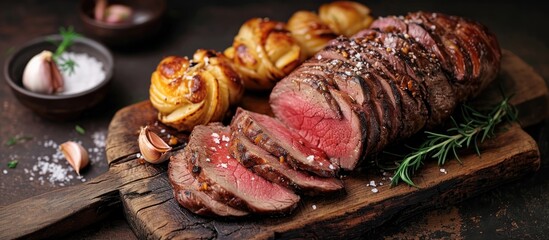 Classic British Sunday roast with sliced roast beef complemented by garlic and salt, showcased on a rustic charred wooden board.