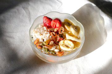Strawberry breakfast Sin full of bowl. Cereal yogurt and crispy fruit and bananas