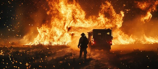 Firefighter on truck puts out wildfire.