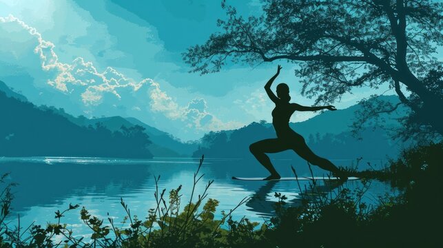  a painting of a woman doing yoga in front of a body of water with a tree in the foreground and mountains in the background with clouds in the sky.