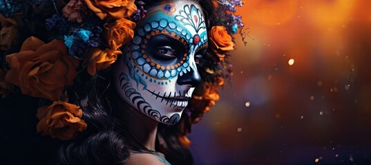 Close-up portrait of woman with Day of The Dead makeup and outfit
