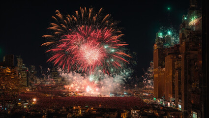 Shocking fireworks lighting up the night sky when the city celebrates the arrival of the new year. generative AI