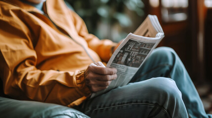 reading the newspaper in a moment of relaxation and morning leisure - obrazy, fototapety, plakaty