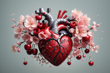 Human heart with veins and arteries. Vector illustration in vintage style.