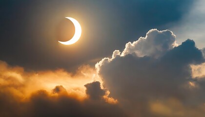 partial solar eclipse in a cloudy sky - obrazy, fototapety, plakaty