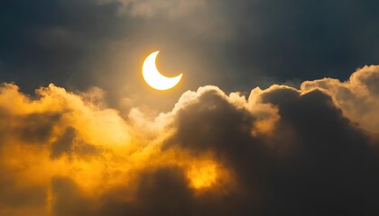 partial solar eclipse in a cloudy sky - obrazy, fototapety, plakaty