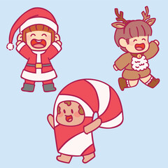 Cute kids wearing Christmas costume winter season vector design art. Children holiday celebration clothes