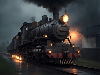 Obraz premium steam train in the forest with rain