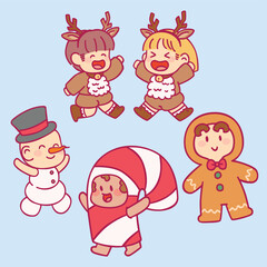 Cute kids wearing Christmas costume winter season vector design art. Children holiday celebration clothes