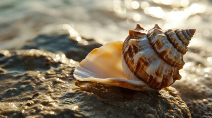  a close up of a shell on a rock near a body of water with the sun reflecting off of the water in the backgrouck of the shell.