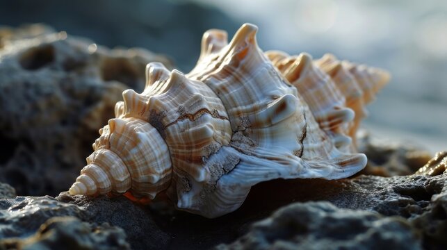  a close up of a sea shell on a rocky beach with water in the background and a blurry image of the shell in the foreground of the picture.