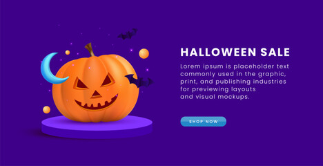 Clean 3D Halloween ornament with pumpkin and  purple color website banner