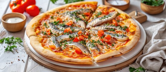 Fototapeta na wymiar Authentic Roman pizza with fish, served on a white wooden board.