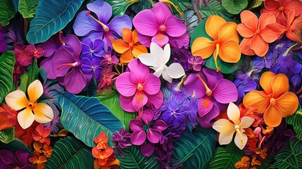 Fototapeta na wymiar vibrant tropical flower background illustration colorful paradise, botanical orchid, plumeria frangipani vibrant tropical flower background