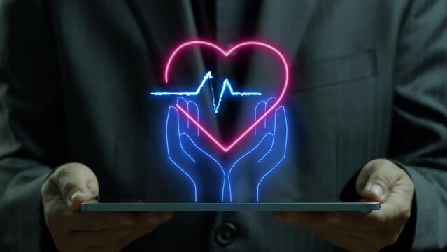 Tablet computer showing neon line of hands holding red heart with blue pulse line icon. Heart pulse, heartbeat lone, healthy lifestyle, medical healthcare, love, mindfulness, wellbeing concept.