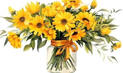 Watercolor sunflower clipart, sunflower bouquet, white background, sunflower bouquet in glass jargenerative Ai

