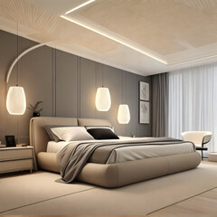 Modern interior bedroom, minimalist style, stucco wall, 3d render, Generative AI,