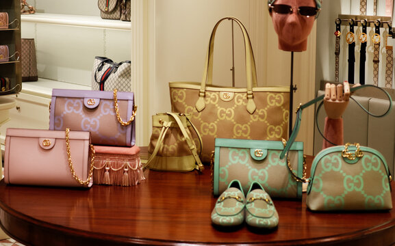 Gucci accessories displayed in an upscale store.Milan - Italy, 11 January 2024