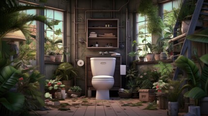 the toilet interior is clean with lots of green plants.