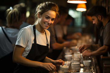 waitress collecting dishes in a hotel restaurant