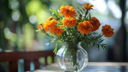 Obraz premium a vase filled with orange flowers sitting on top of a wooden table on top of a wooden table next to a glass vase with water and greenery in it.
