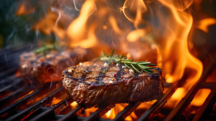 beef ribeye steak grilling on flaming grill created with,high contrast,ethereal,intricate,incredible,colored,deliciouscore,tastupunk,sony Alpha a7 lll camera - obrazy, fototapety, plakaty