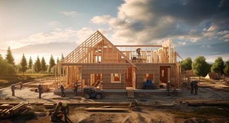 New house is being built. Wooden frame with trusses, posts and beams. - obrazy, fototapety, plakaty